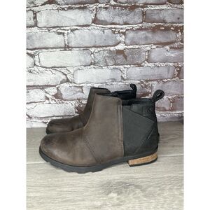 Sorel Emelie Brown Leather Ankle Boots Chelsea Wedge Booties Women 7.5M US/38.5